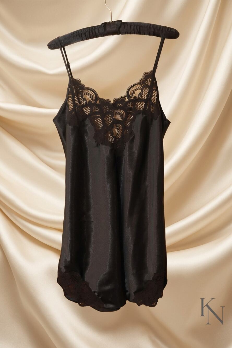 Victoria’s Secret Gold Label Black Satin Chemise – Lace Trim Slip – Size L